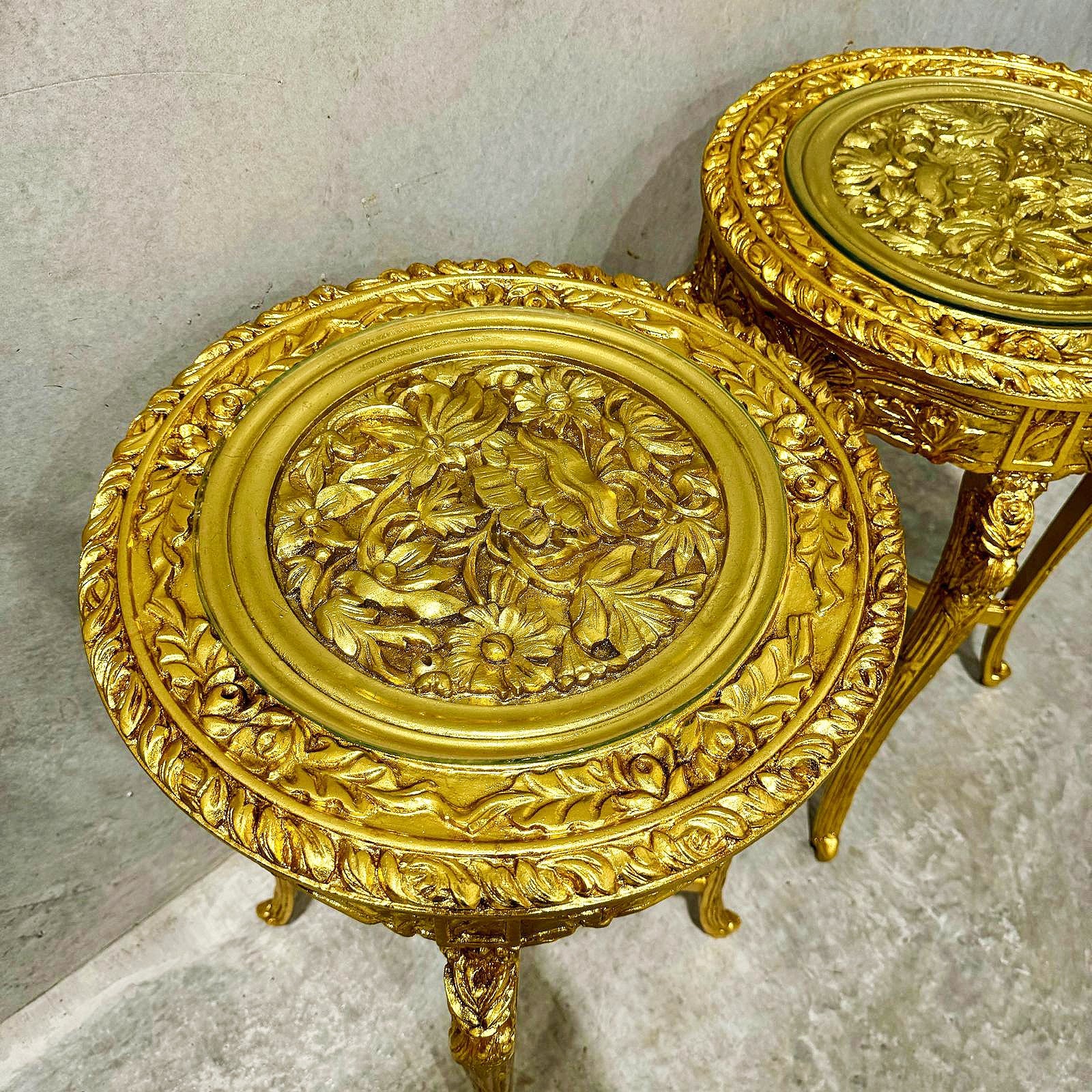 French Style Golden Side Table Glass Topped Gold Leaf Details