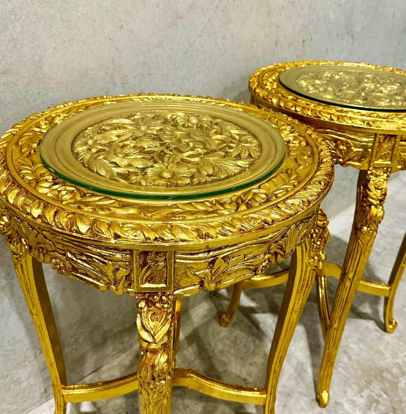 French Style Golden Side Table Glass Topped Gold Leaf Details