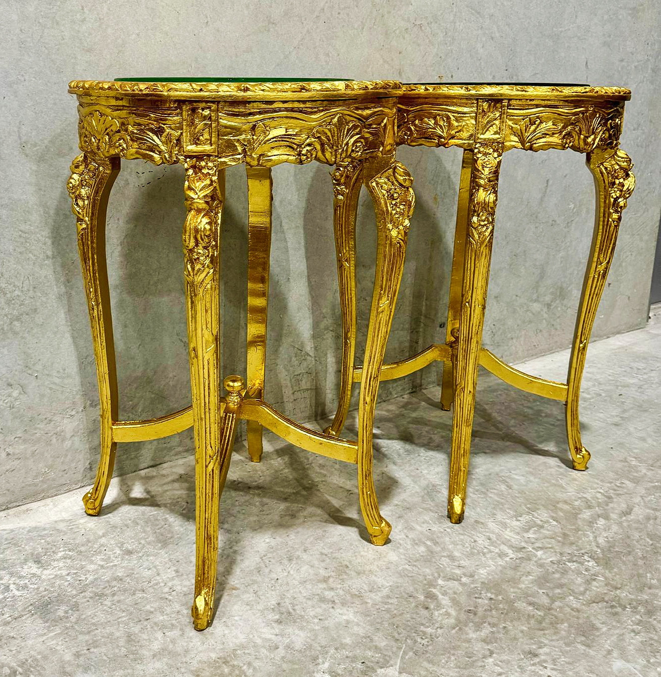 French Style Golden Side Table Glass Topped Gold Leaf Details