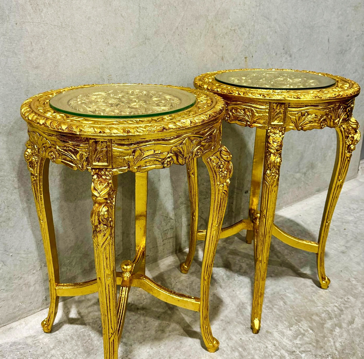 French Style Golden Side Table Glass Topped Gold Leaf Details