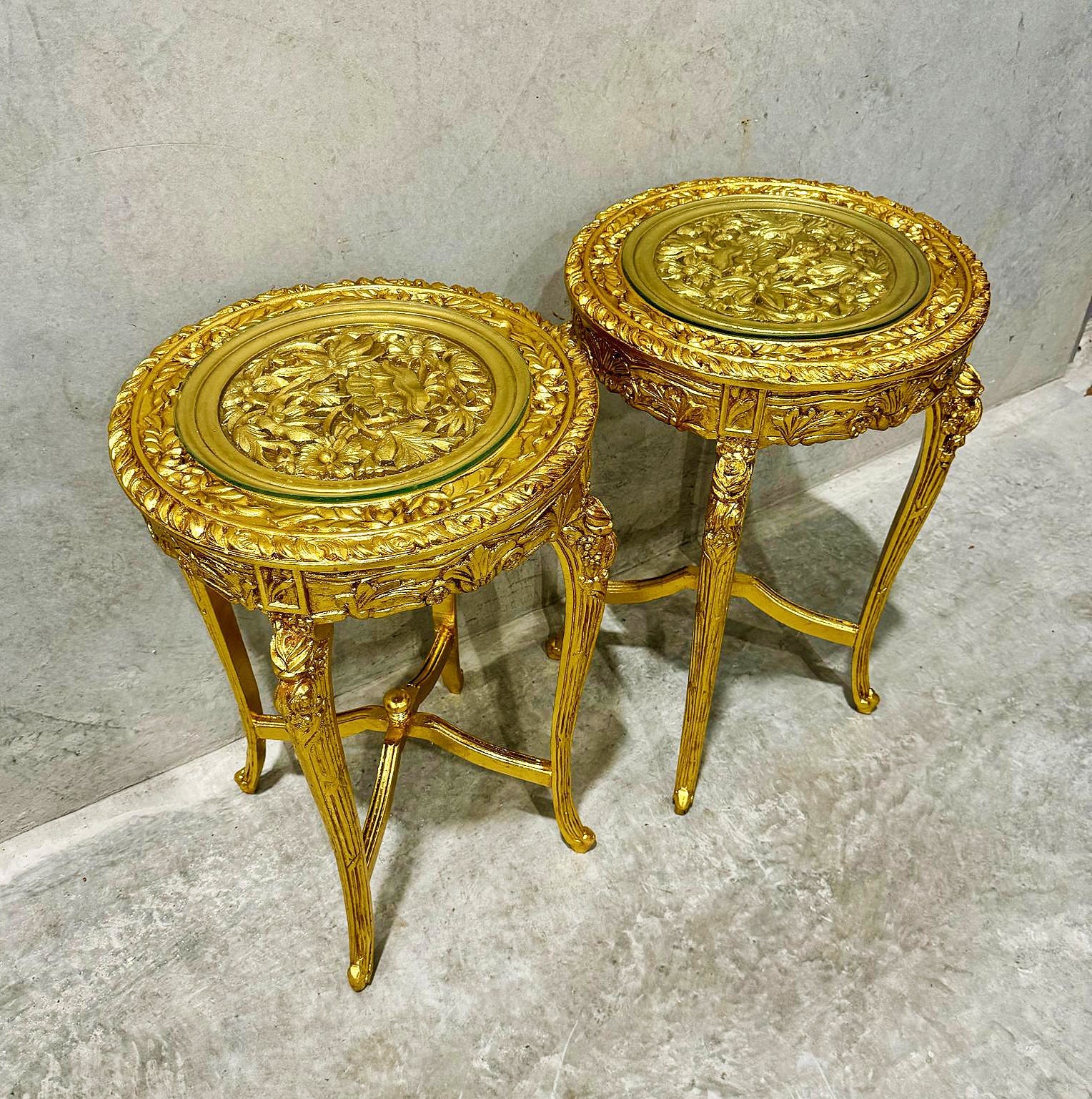 French Style Golden Side Table Glass Topped Gold Leaf Details