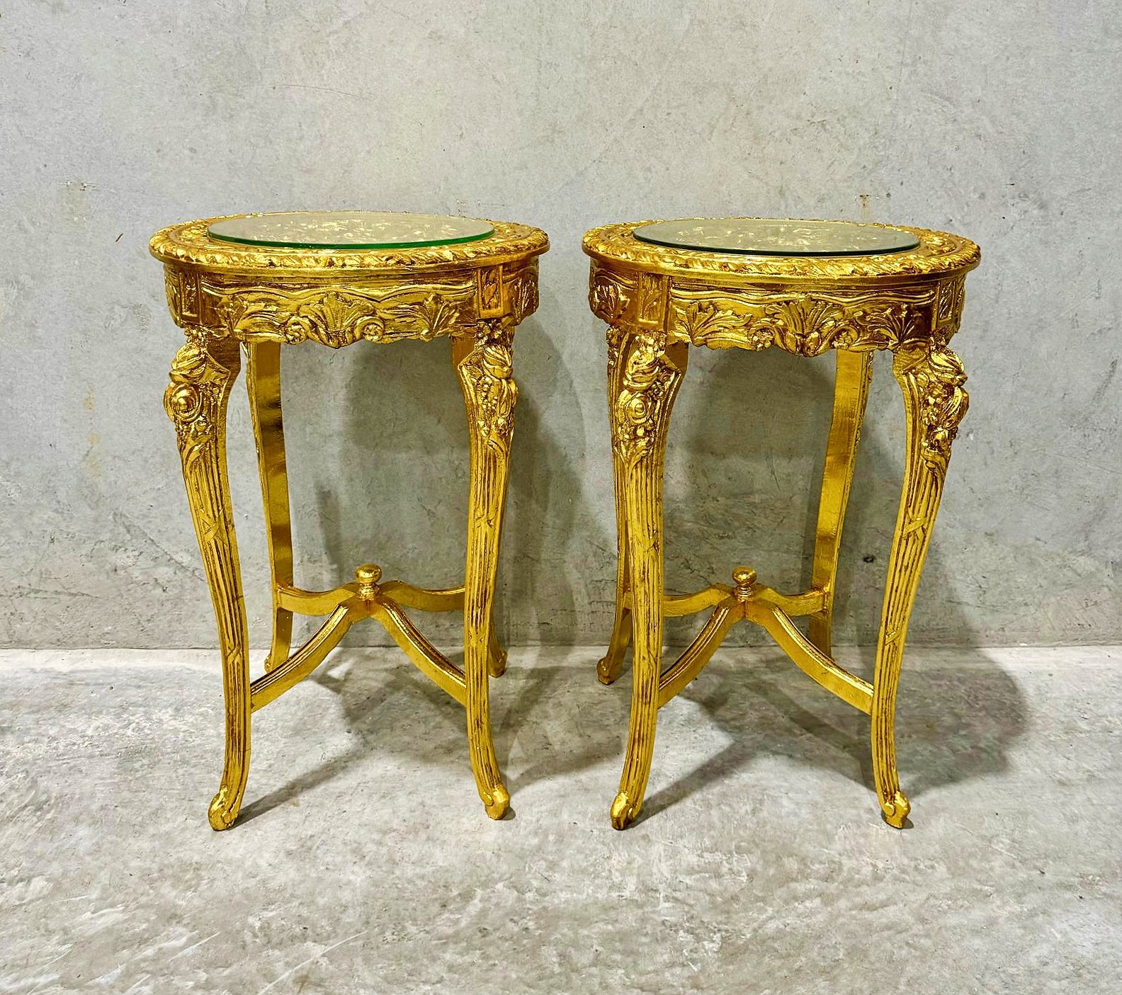 French Style Golden Side Table Glass Topped Gold Leaf Details