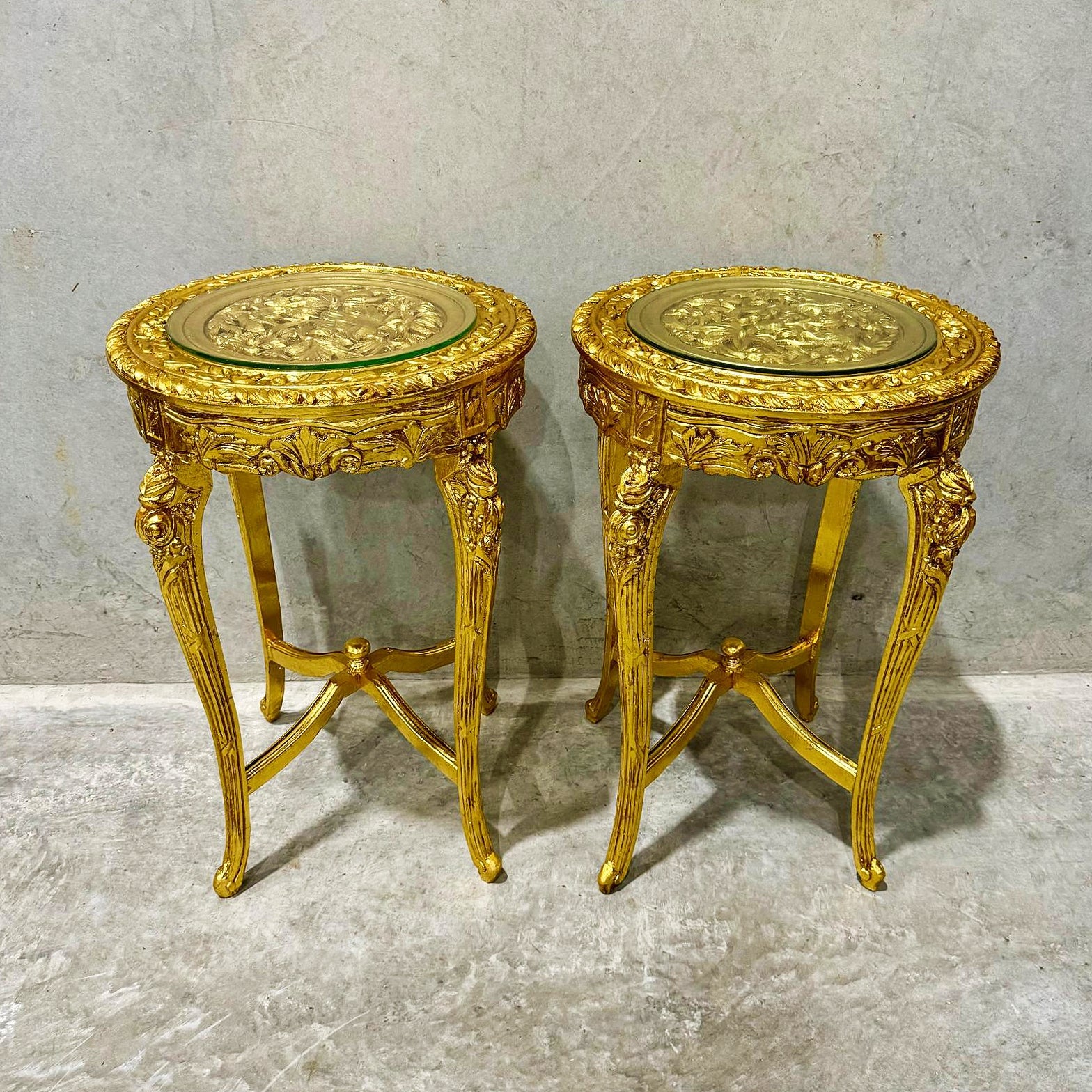 French Style Golden Side Table Glass Topped Gold Leaf Details