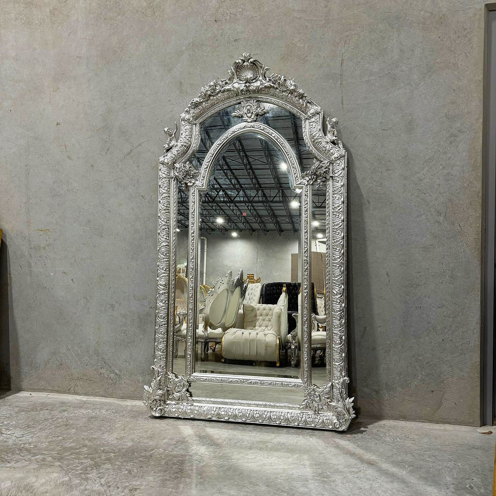Baroque Rococo Floor Mirror – Silver Leaf Finish, Angels Carved on Both Sides