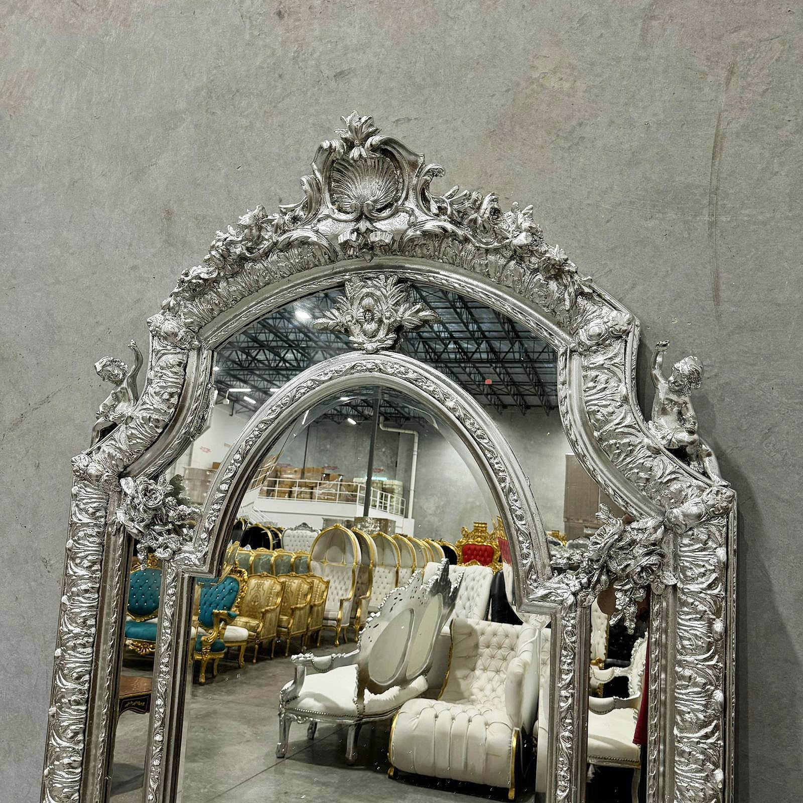 Baroque Rococo Floor Mirror – Silver Leaf Finish, Angels Carved on Both Sides