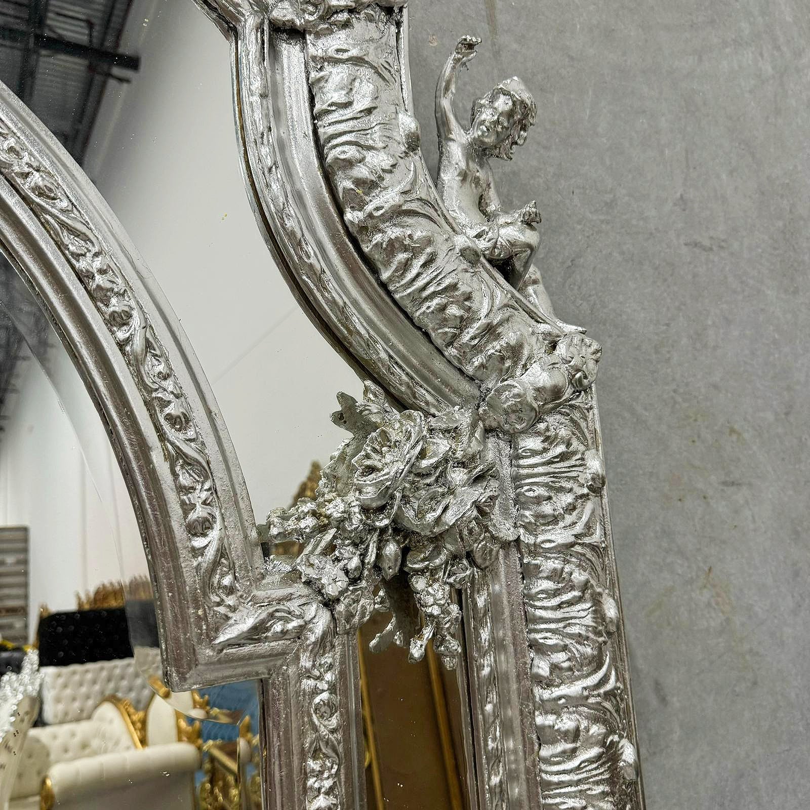 Baroque Rococo Floor Mirror – Silver Leaf Finish, Angels Carved on Both Sides