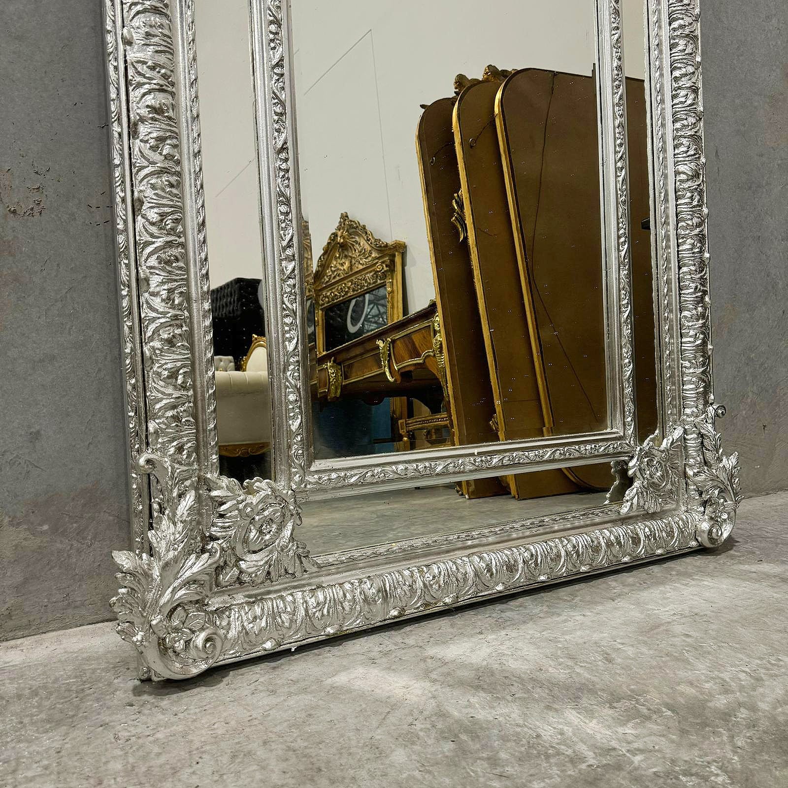 Baroque Rococo Floor Mirror – Silver Leaf Finish, Angels Carved on Both Sides