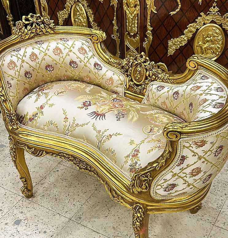 French Style Beige White Tufted Bench with Gold Leaf Details