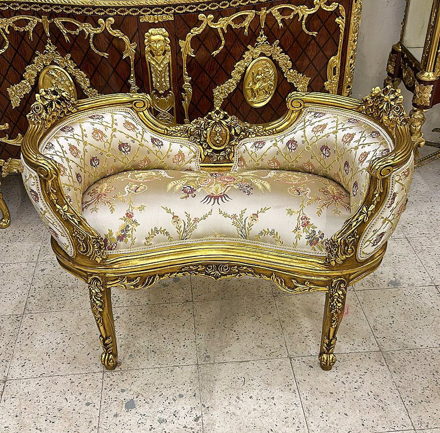 French Style Beige White Tufted Bench with Gold Leaf Details