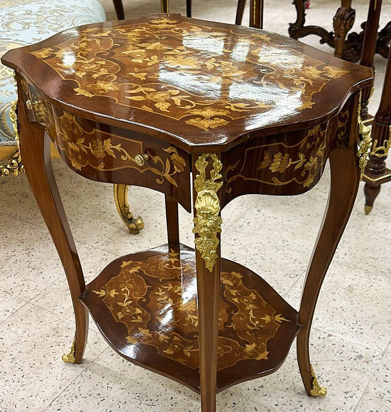 Louis XV Style Bedside Table Marquetry French Side Table with a Drawer