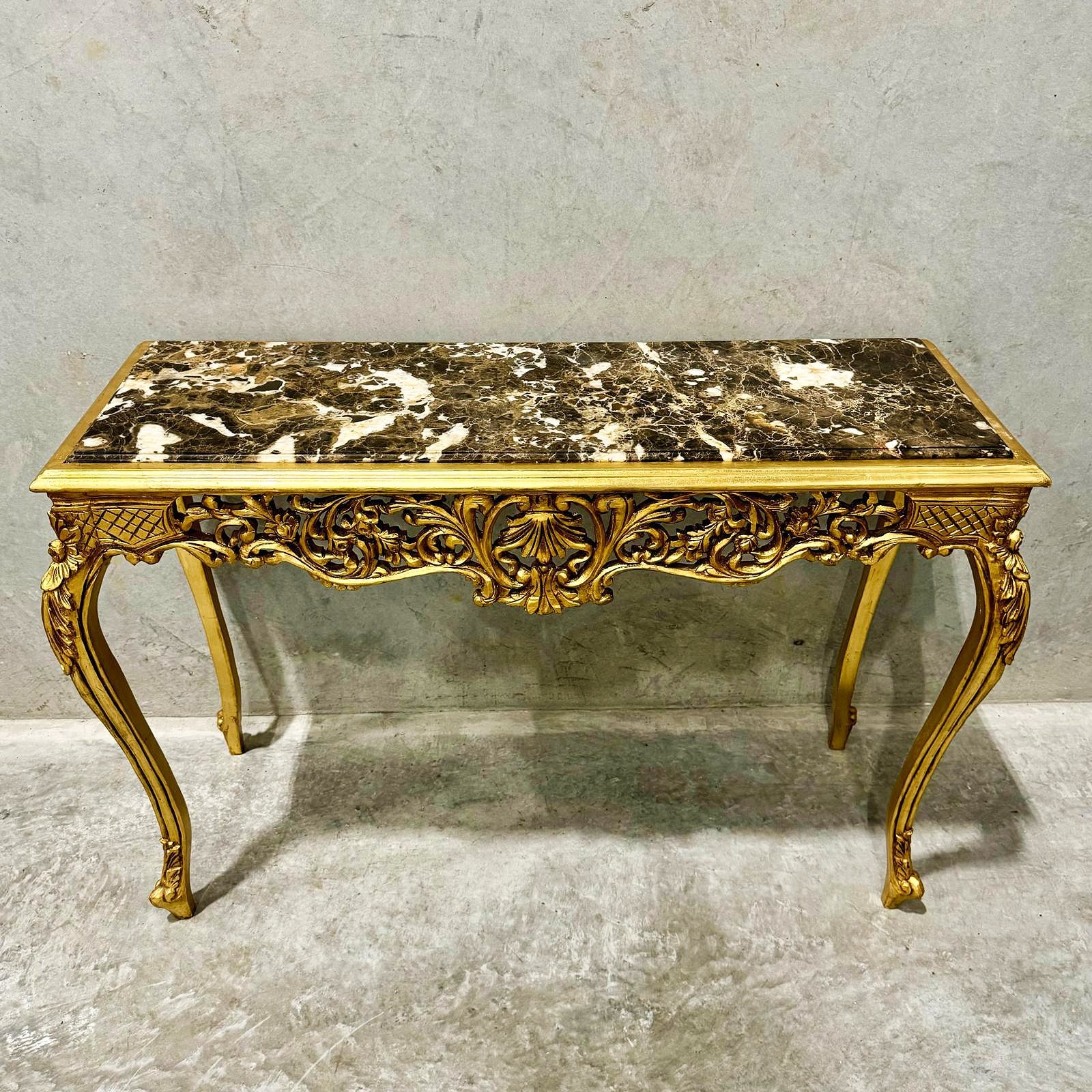 Luxury Baroque Console Table – Gold Leaf Finish with Carvings & Marble Top