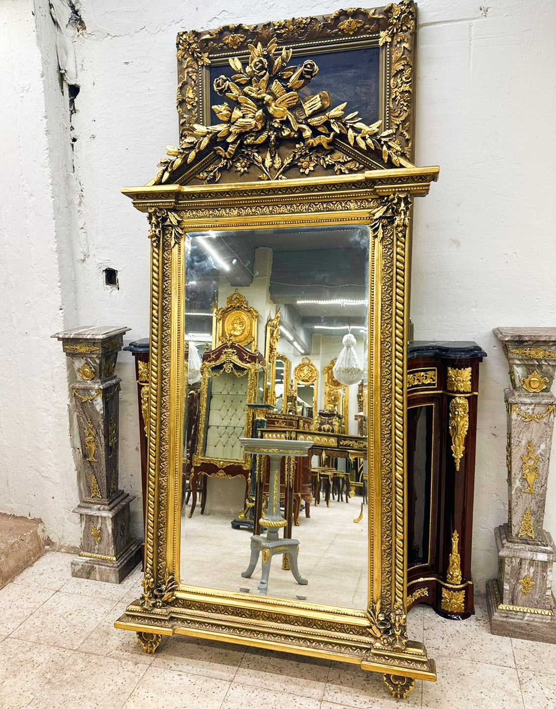 French Mirror Baroque Style Antique 6.4" Feet Tall Gold Leaf