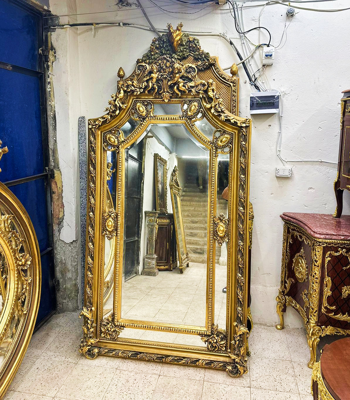 French Mirror 6.6" Feet Tall Baroque Style Gold Leaf Finish