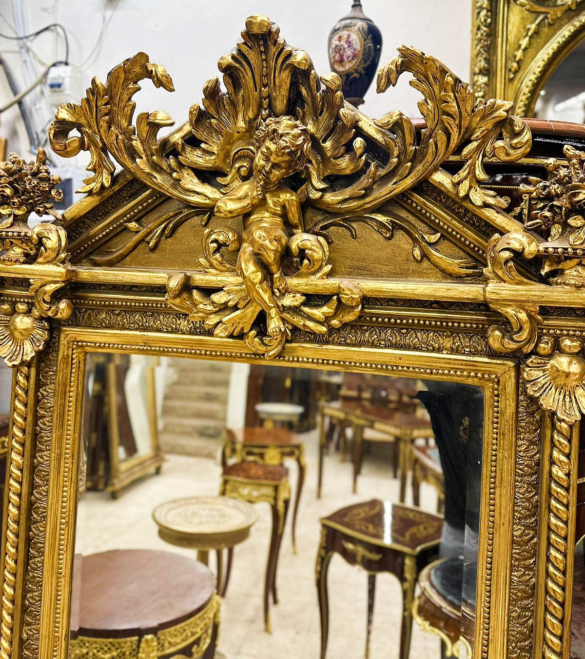 French Baroque Mirror Rococo Mirror Antique Mirror 6.4" Feet Tall Gold Leaf Antique