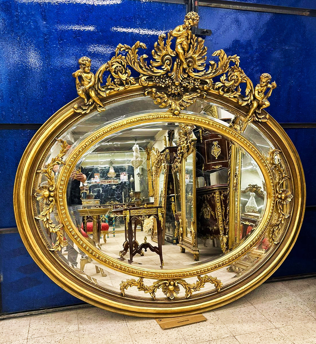 Wall Mirror French-Italian Style Golden Oval Mirror Gold Leaf Details