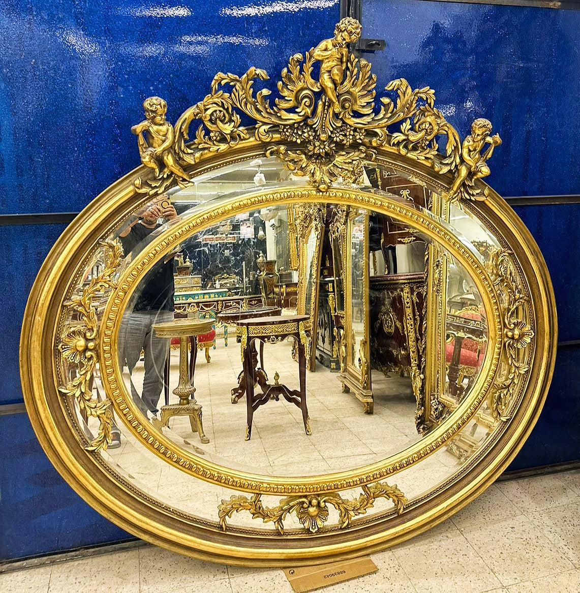 Wall Mirror French-Italian Style Golden Oval Mirror Gold Leaf Details