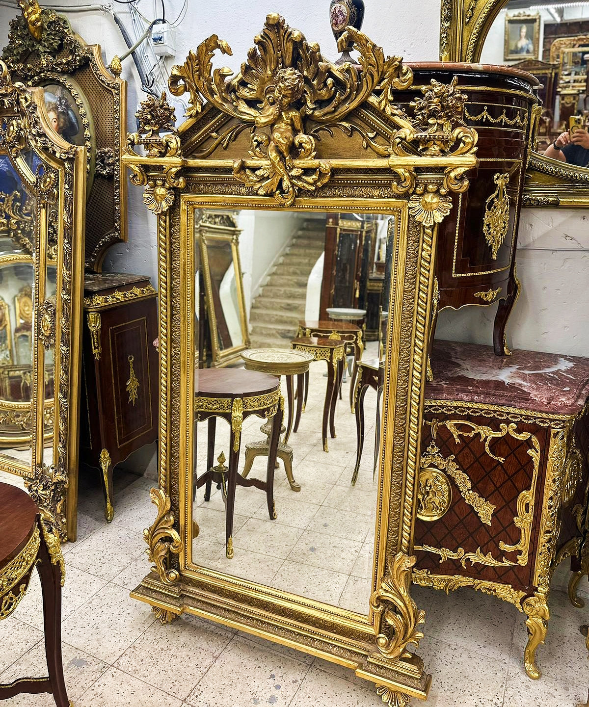 French Baroque Mirror Rococo Mirror Antique Mirror 6.4" Feet Tall Gold Leaf Antique
