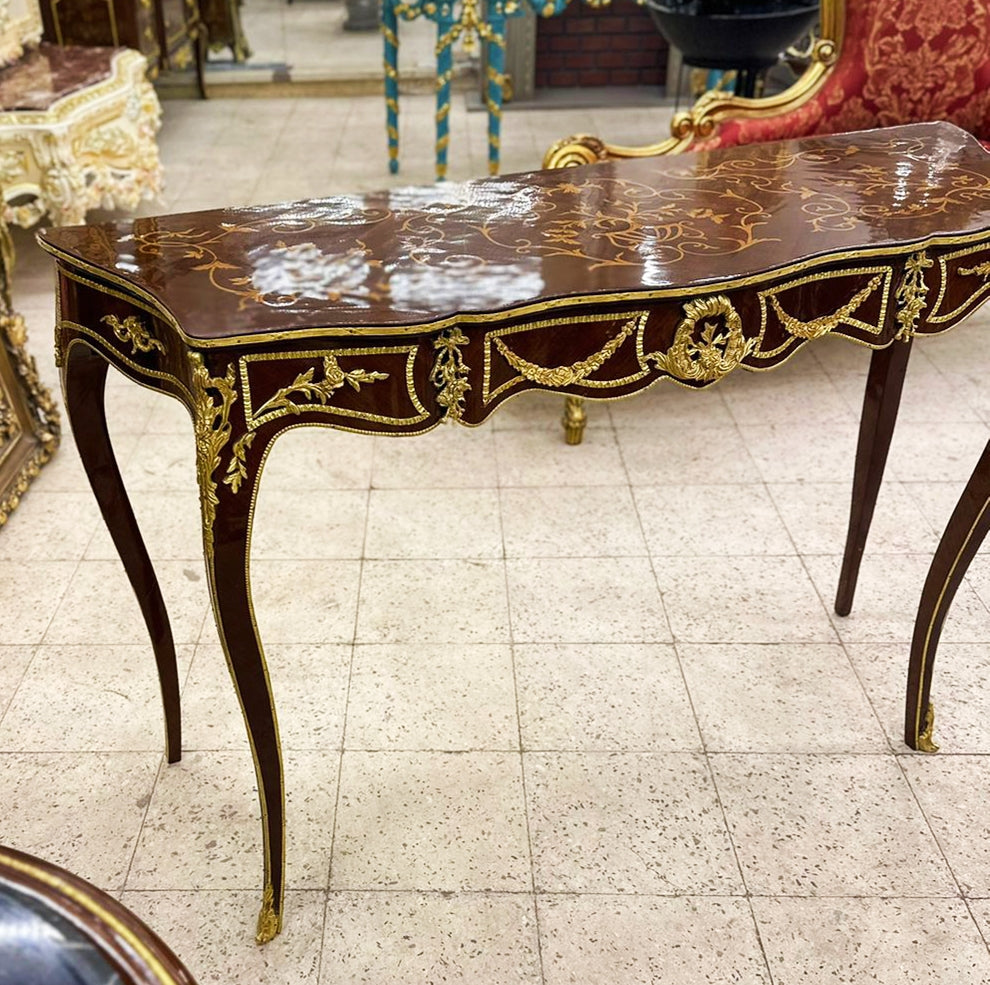 French Style Console Table – Wood with Gold Leaf Details, 33"H x 47"W x 20"D