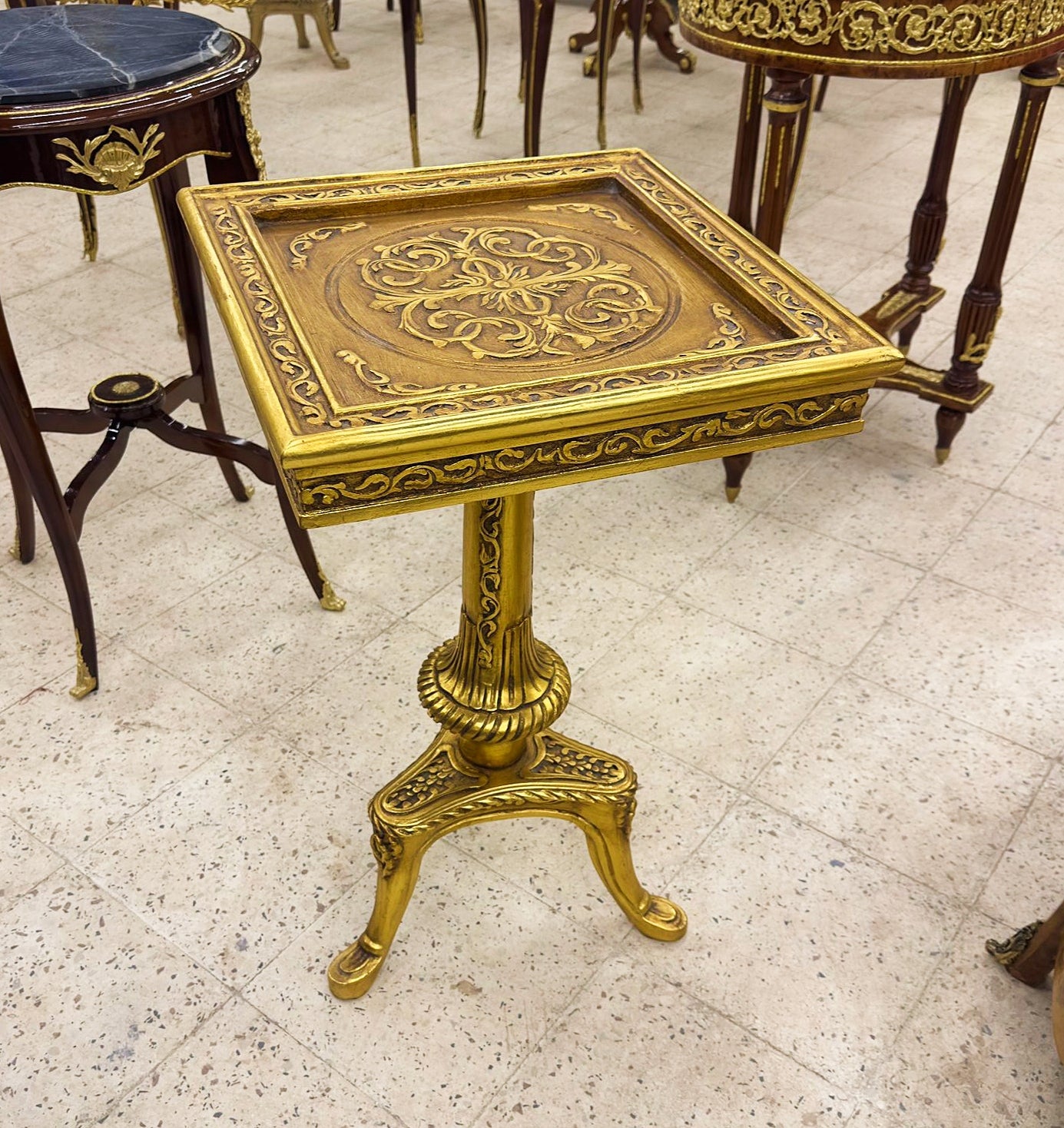 Golden Side Table French Style Square Black Gold Leaf Details Furniture