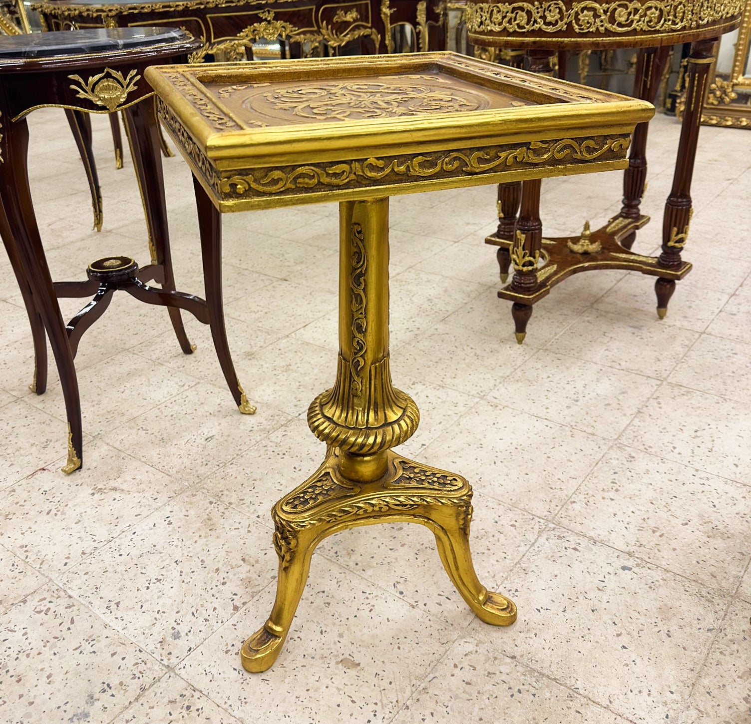 Golden Side Table French Style Square Black Gold Leaf Details Furniture