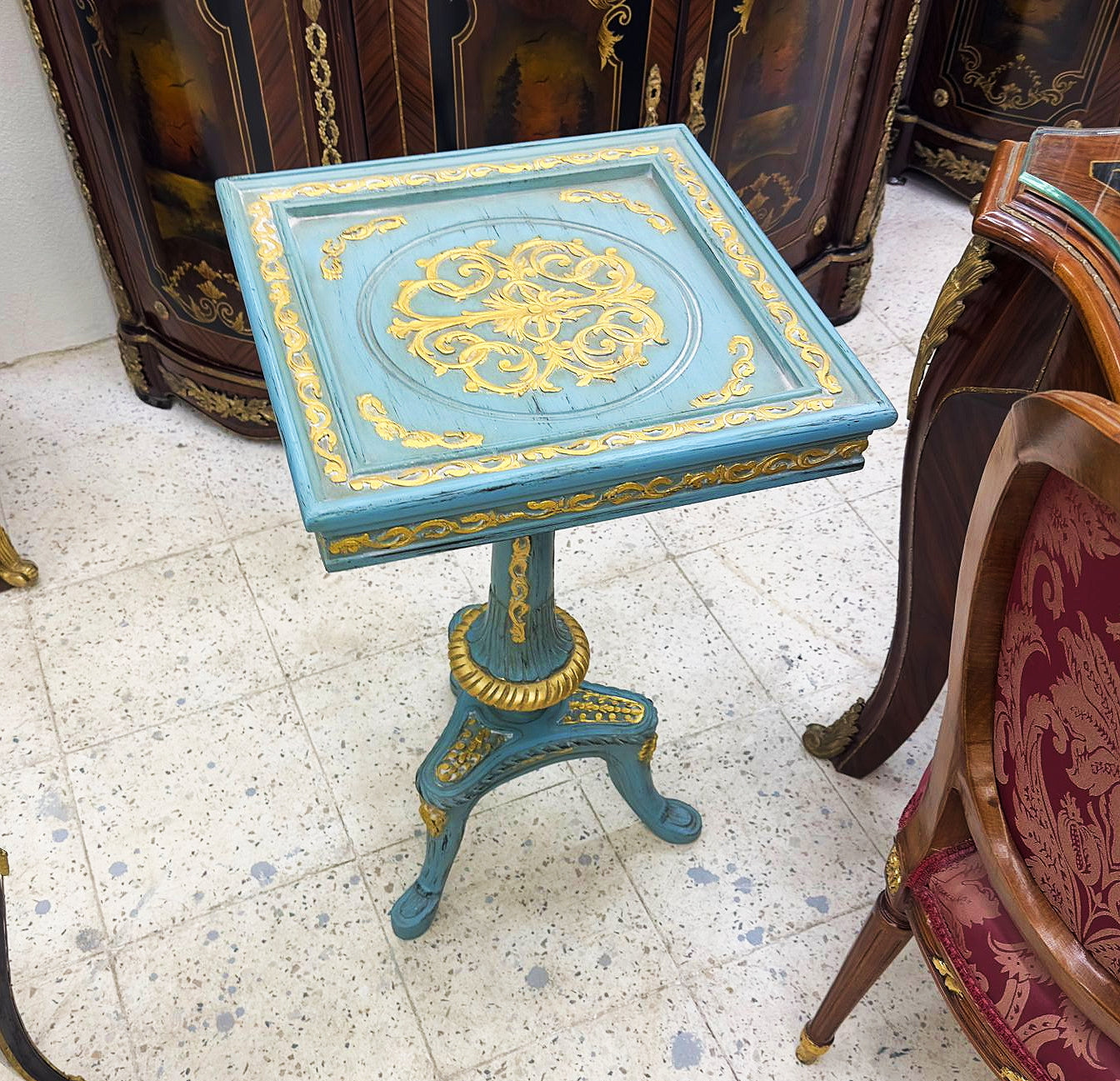 Sky blue Side Table French Style Square Gold Leaf Details Furniture