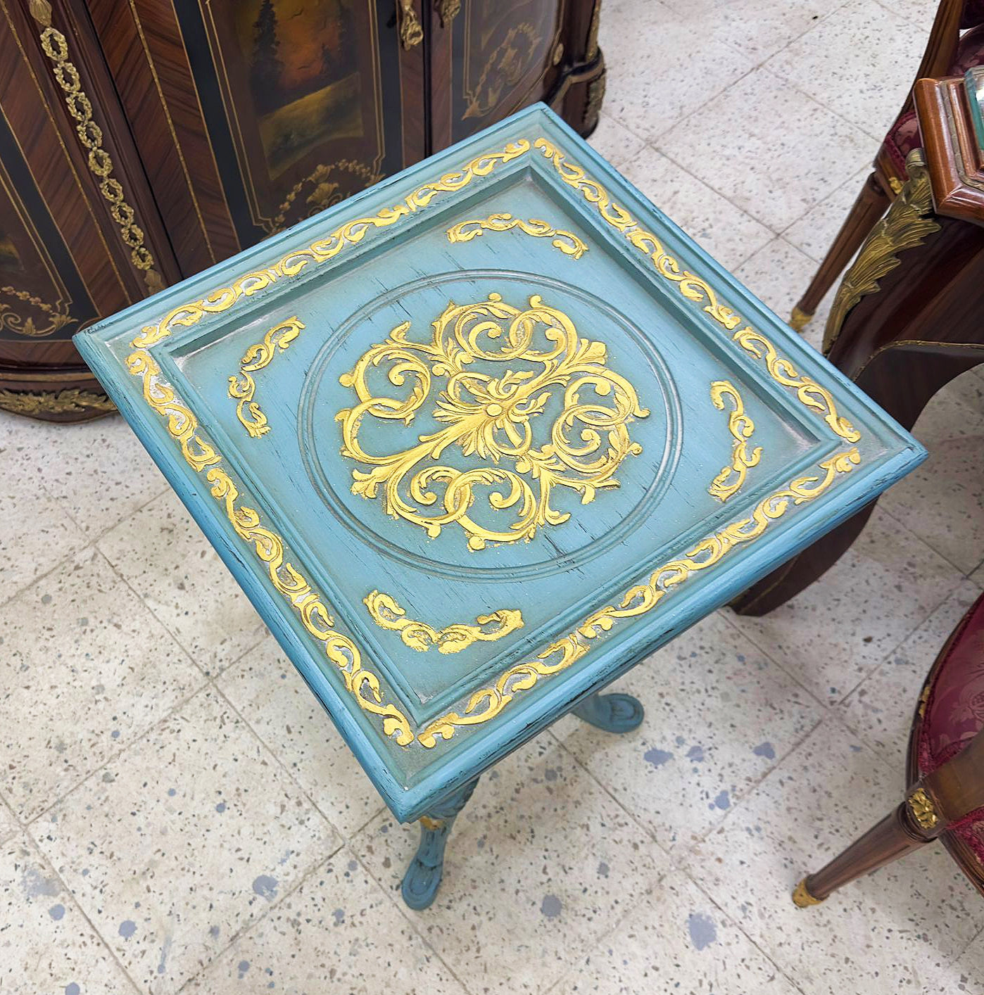 Sky blue Side Table French Style Square Gold Leaf Details Furniture