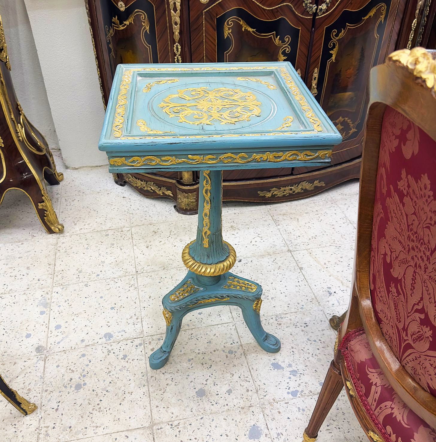 Sky blue Side Table French Style Square Gold Leaf Details Furniture
