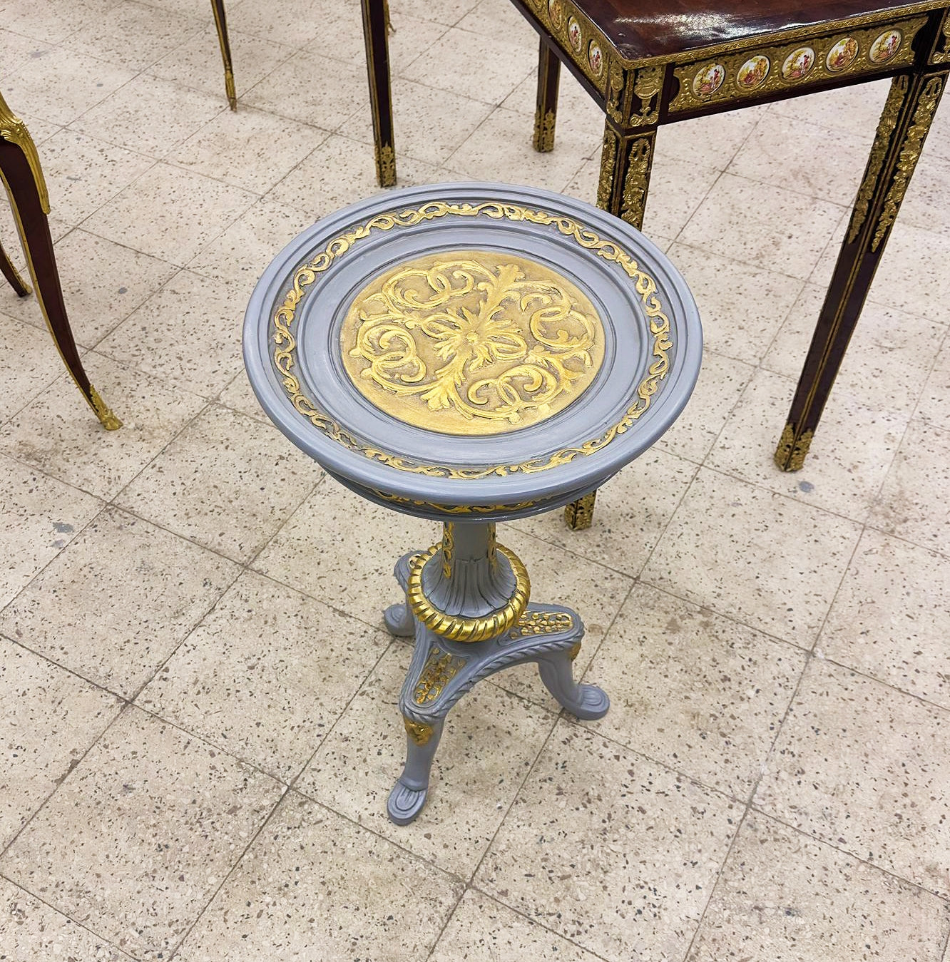 Gray Side Table French Style Round Gold Leaf Details Furniture