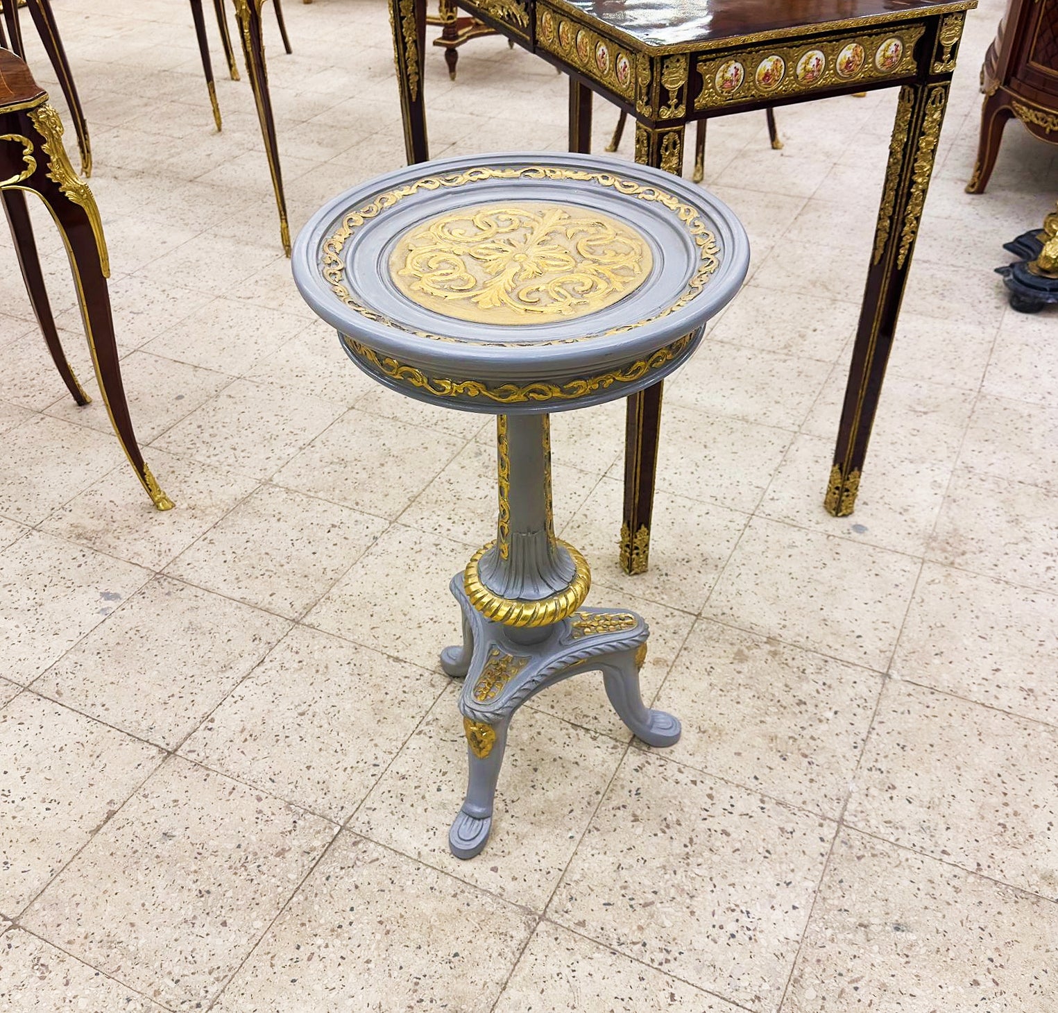 Gray Side Table French Style Round Gold Leaf Details Furniture