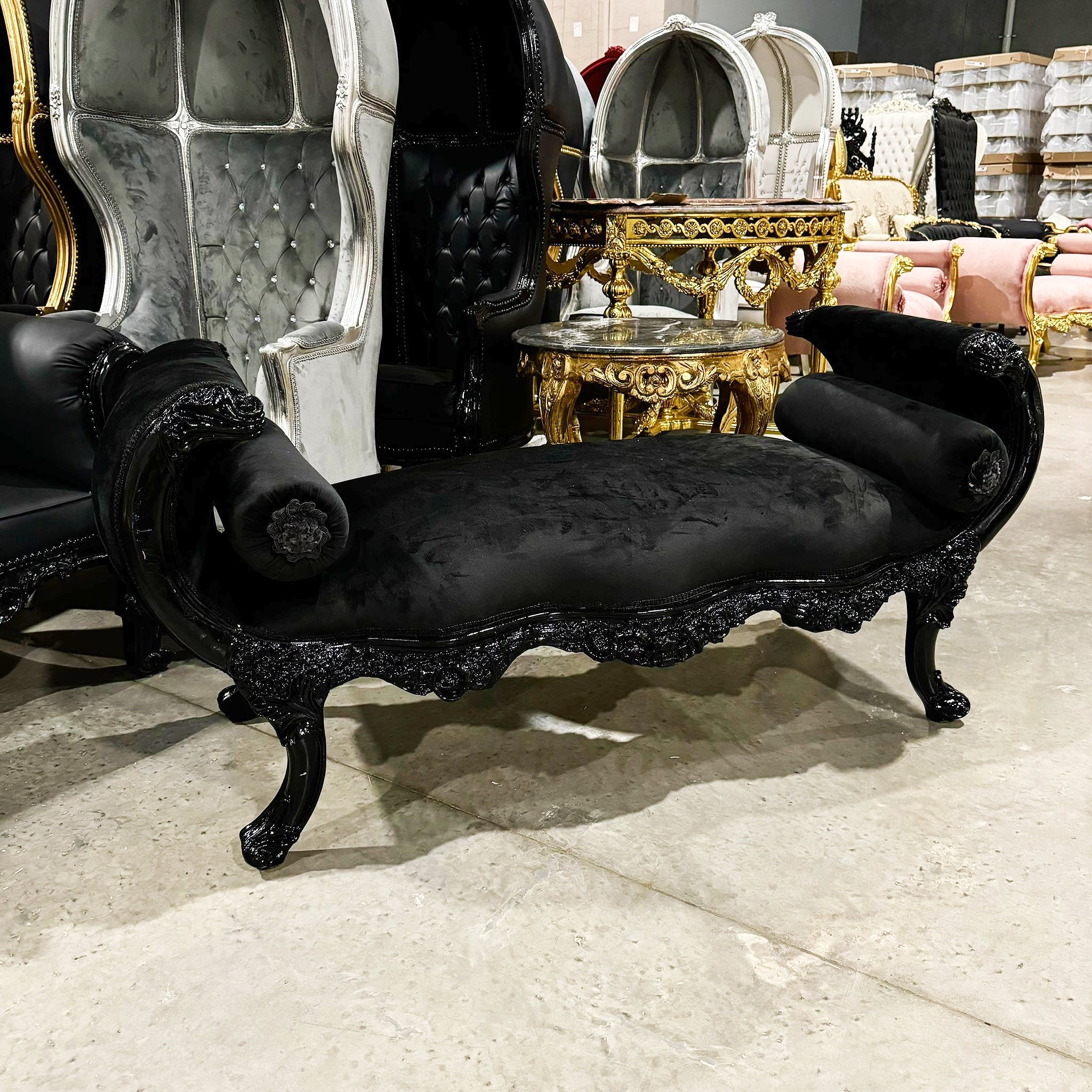 Baroque Style Black Velvet Bench Interior Deisgn Furniture