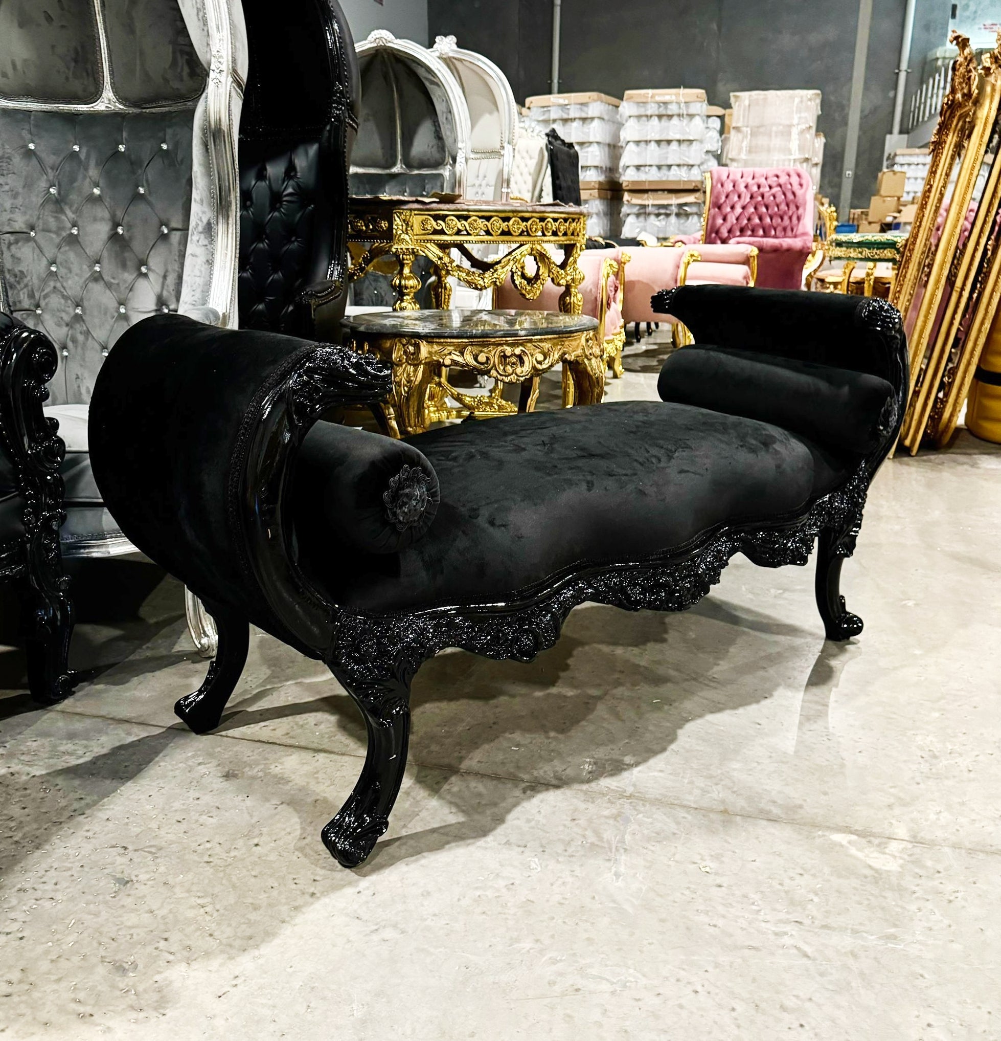 Baroque Style Black Velvet Bench Interior Deisgn Furniture