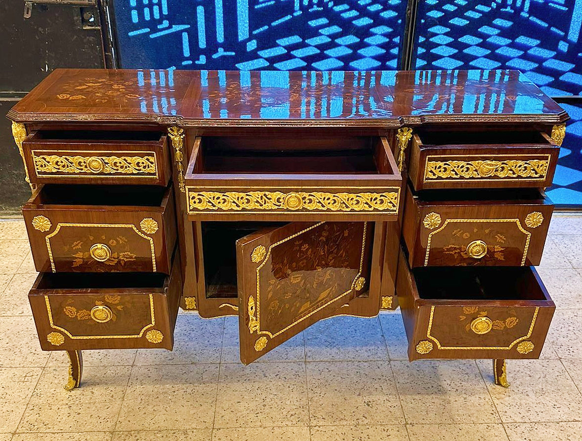 French Louis XVI Style Brown Commode Cabinet with 6 Drawers & Floral Wood Detailing