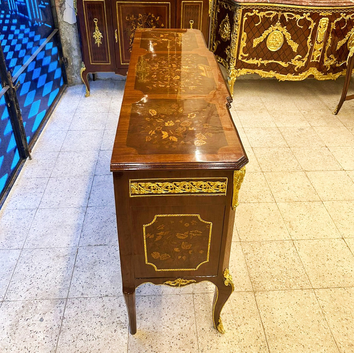 French Louis XVI Style Brown Commode Cabinet with 6 Drawers & Floral Wood Detailing