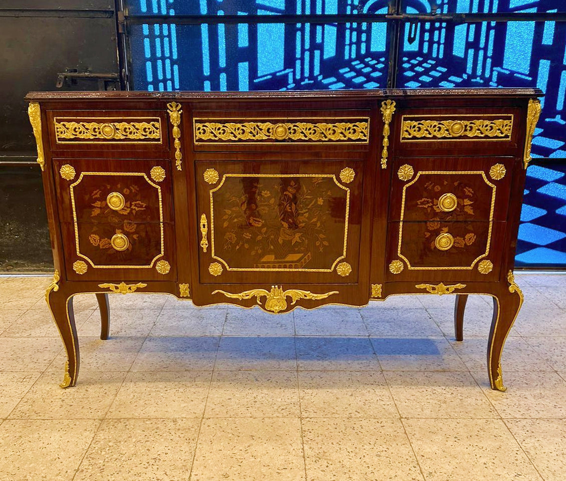 French Louis XVI Style Brown Commode Cabinet with 6 Drawers & Floral Wood Detailing