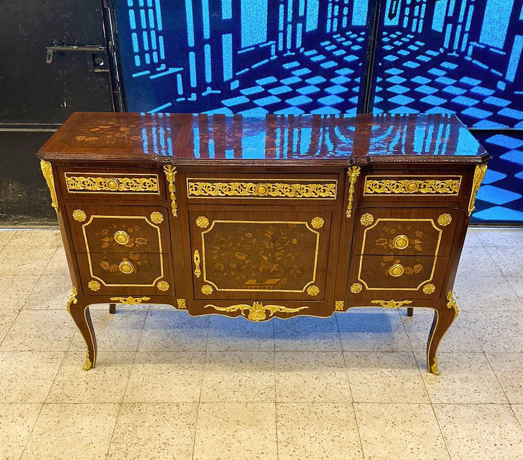 French Louis XVI Style Brown Commode Cabinet with 6 Drawers & Floral Wood Detailing