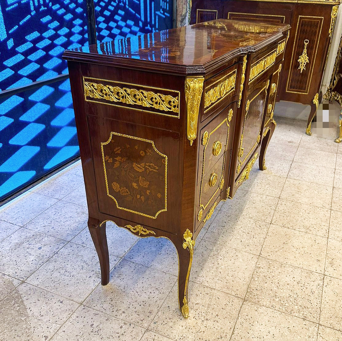 French Louis XVI Style Brown Commode Cabinet with 6 Drawers & Floral Wood Detailing