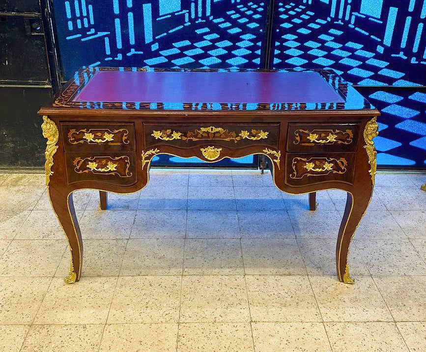 Wooden Brown Wooden Office Desk with 5 Drawers and Gold Leaf Details