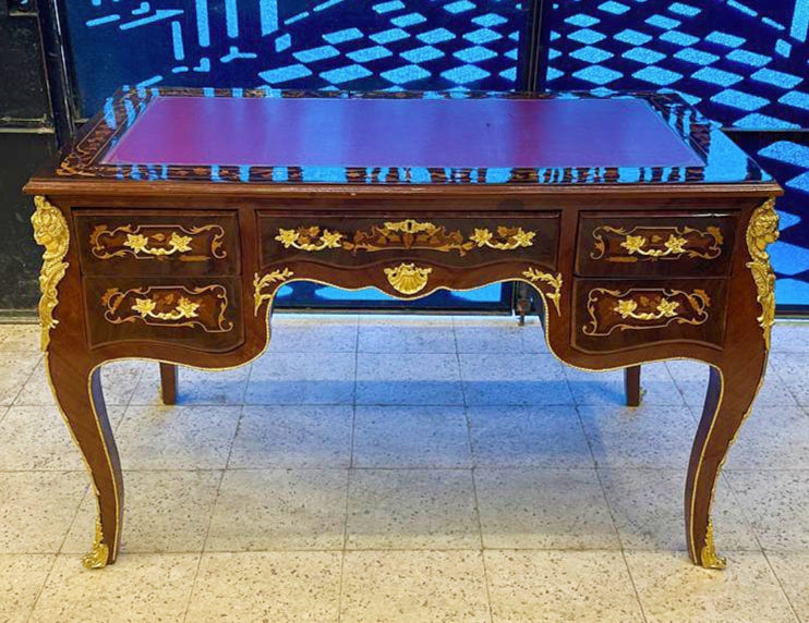 Wooden Brown Wooden Office Desk with 5 Drawers and Gold Leaf Details