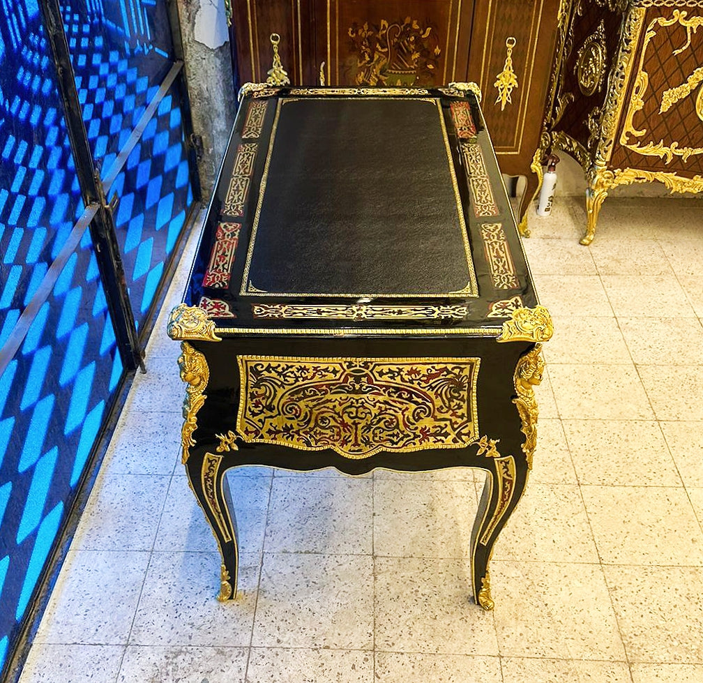 Wooden Black Office Desk with 5 Drawers and Gold Details