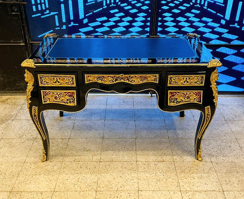 Wooden Black Office Desk with 5 Drawers and Gold Details