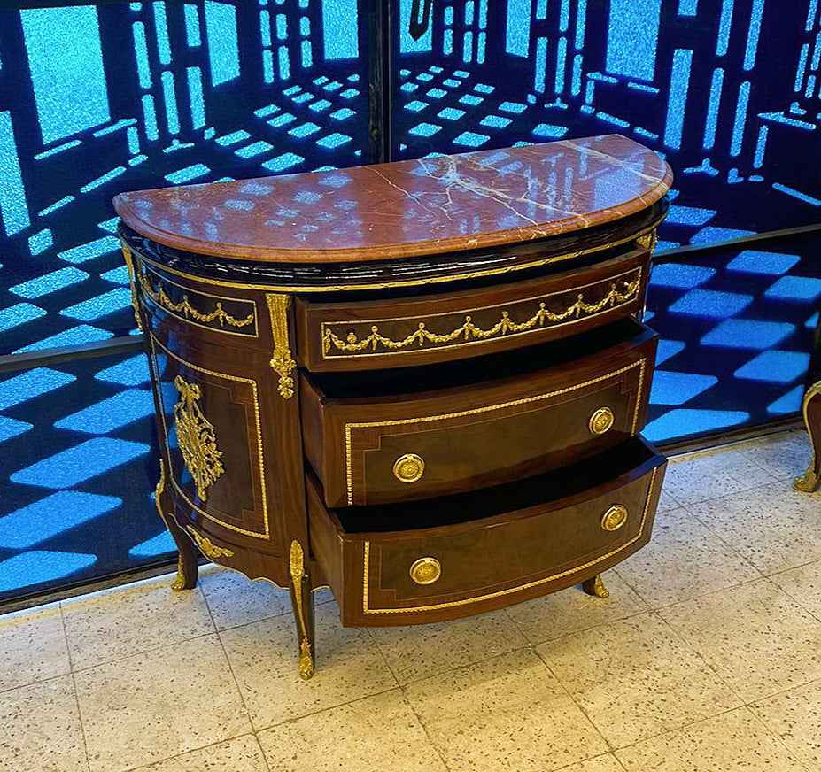 Louis XVI Half-Moon Marquetry Commode with Marble Top & Gold Bronze Accents