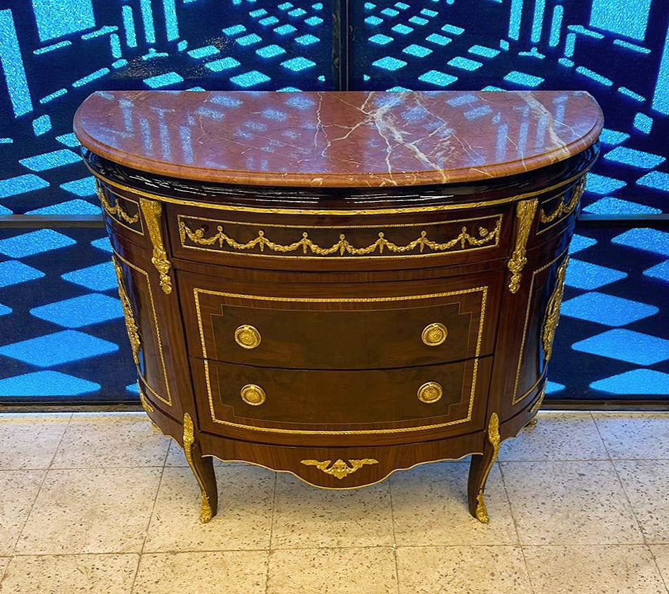 Louis XVI Half-Moon Marquetry Commode with Marble Top & Gold Bronze Accents