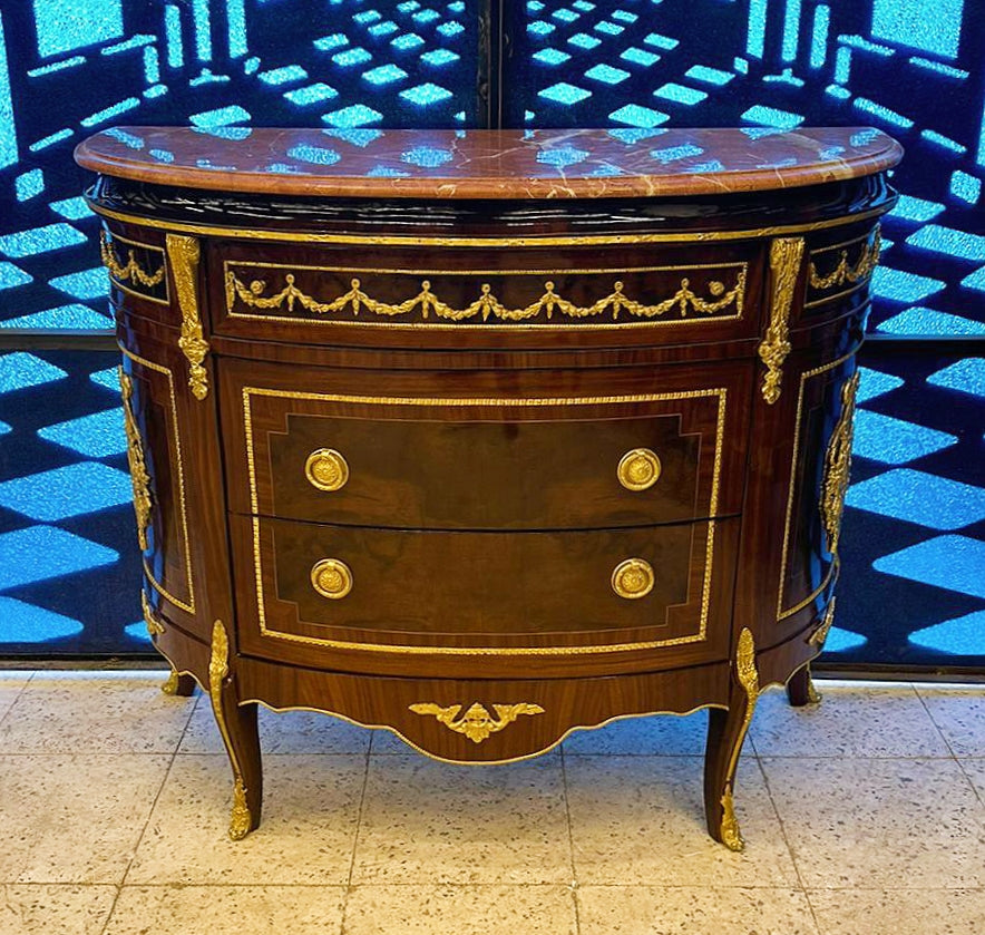 Louis XVI Half-Moon Marquetry Commode with Marble Top & Gold Bronze Accents