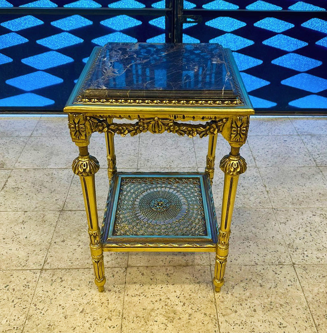 French Style Square Side Table – Black Marble Top with Gold Leaf Details