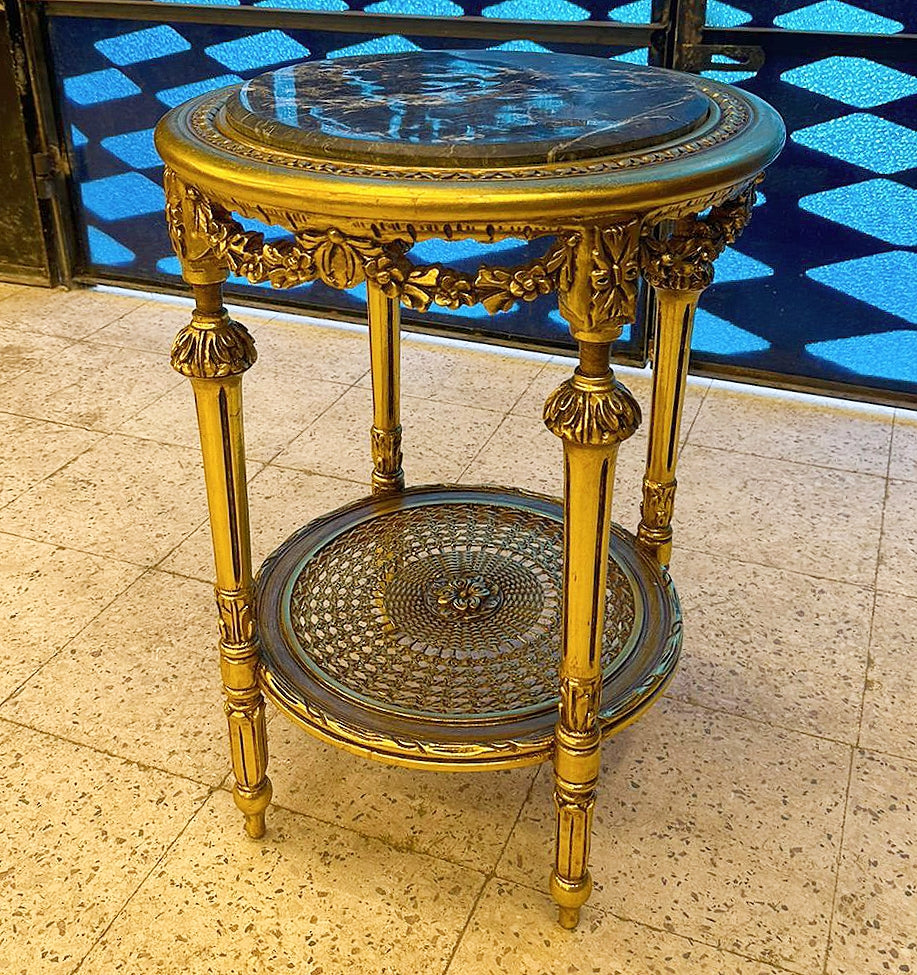 Italian Rococo Side Table – Black Marble Top with Gold Leaf Details