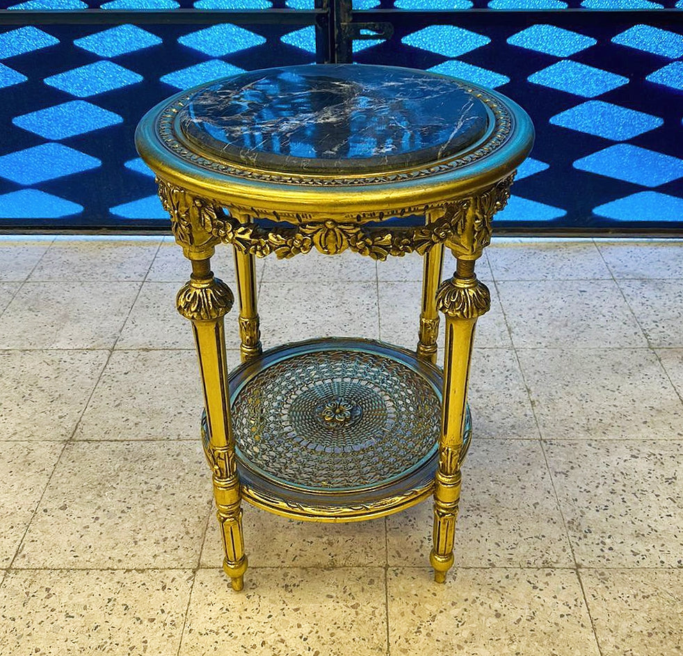 Italian Rococo Side Table – Black Marble Top with Gold Leaf Details