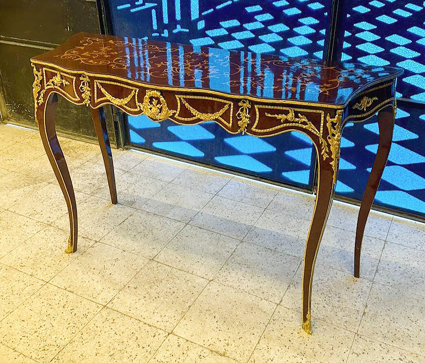 French Style Copper Console Table – Floral Marquetry Top, Gold Leaf & Bronze Details Luxury Entryway Table