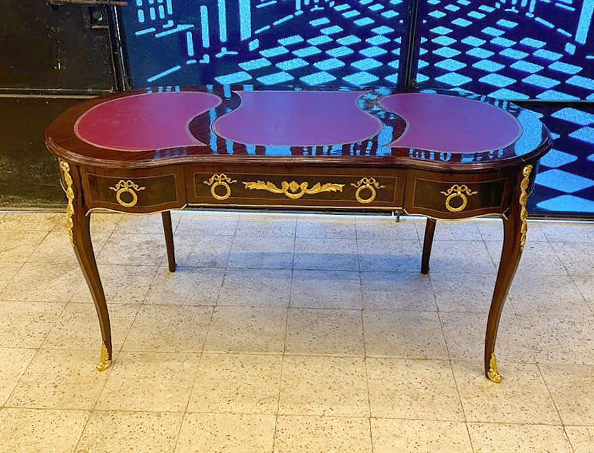 French Rococo Style Copper Desk Table – Gold Leaf Details, 3 Drawer Luxury Writing Desk