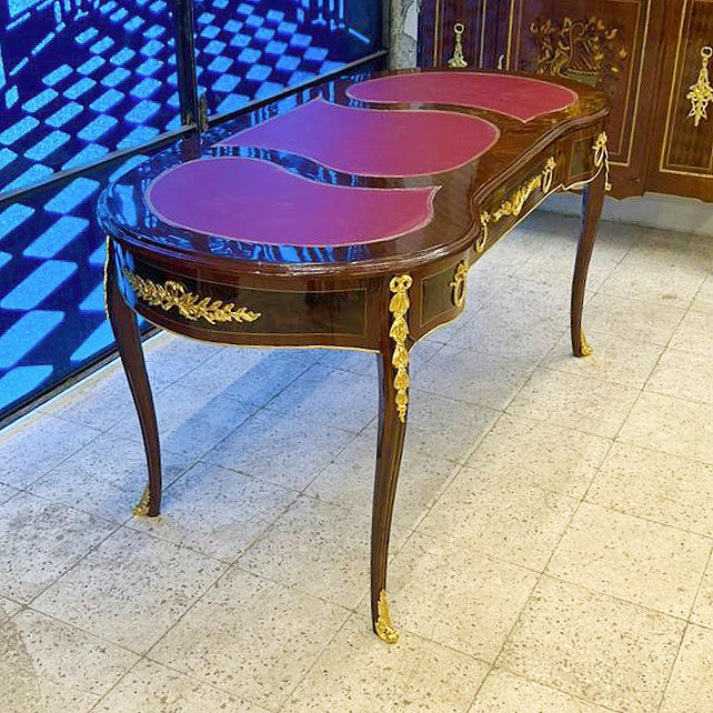 French Rococo Style Copper Desk Table – Gold Leaf Details, 3 Drawer Luxury Writing Desk