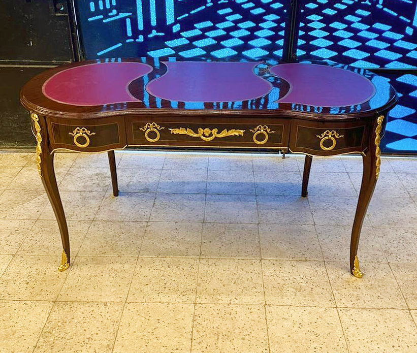 French Rococo Style Copper Desk Table – Gold Leaf Details, 3 Drawer Luxury Writing Desk